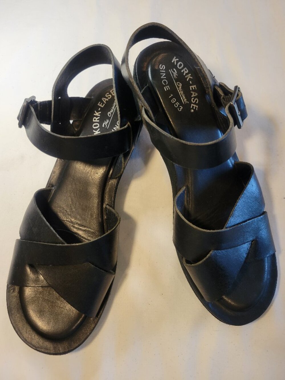 Kork-Ease Black Leather Platform Wedge Sandals Ankle Strap Women's US 10 EU 42